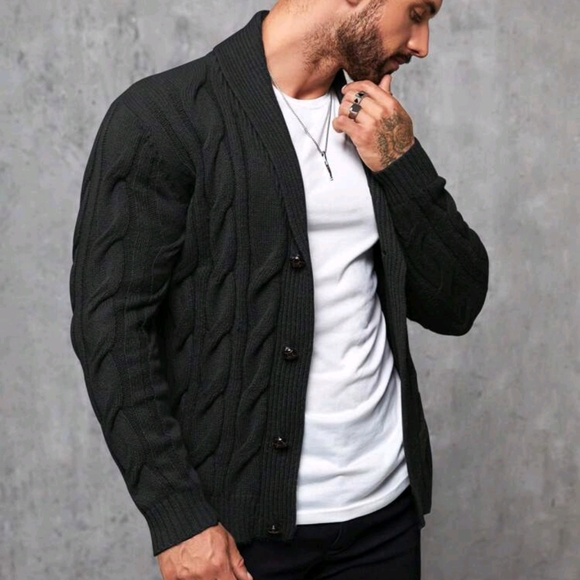 Men Shawl Collar Cable Knit Cardigan - Picture 5 of 6